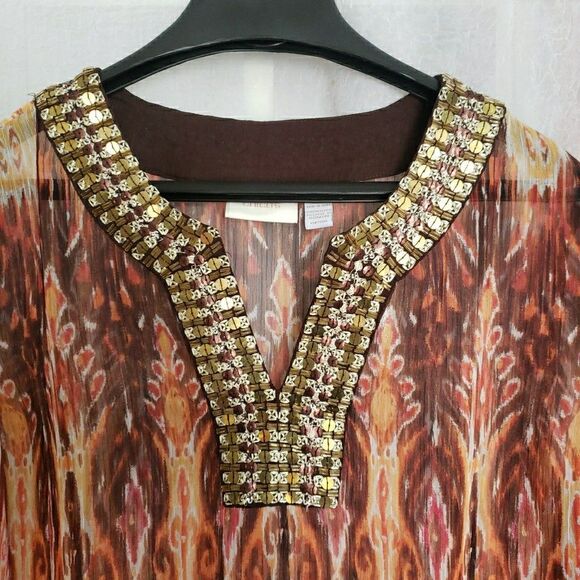 Chico's Chiffon Sequin Collar 3/4 Sleeve Sheer Blouse Orange Geo Women's 3 (XL) - Picture 2 of 8